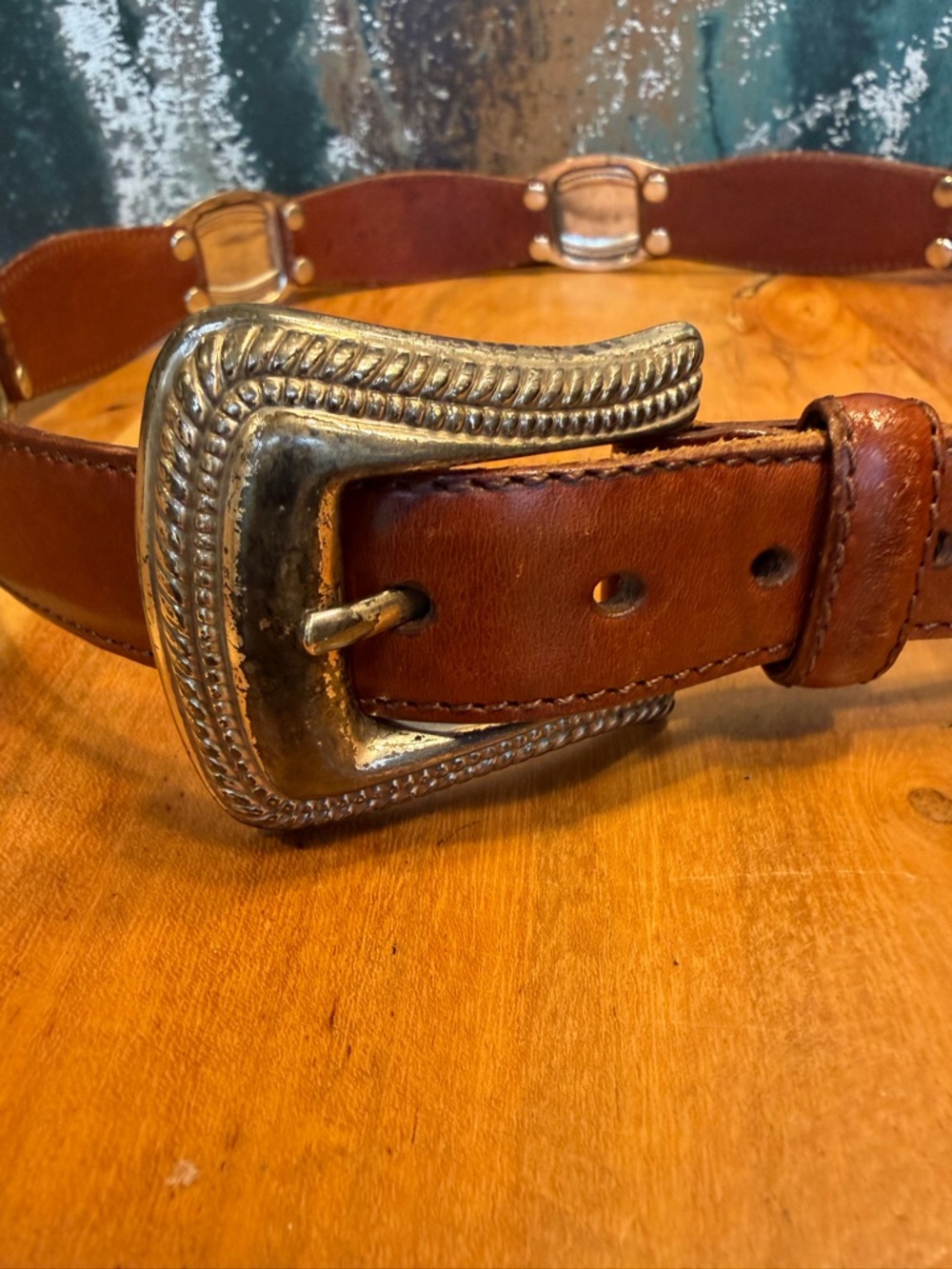 Fossil Southwestern Brown Leather Belt Silver Hardware 2010s (GUC) - Picture 4 of 12